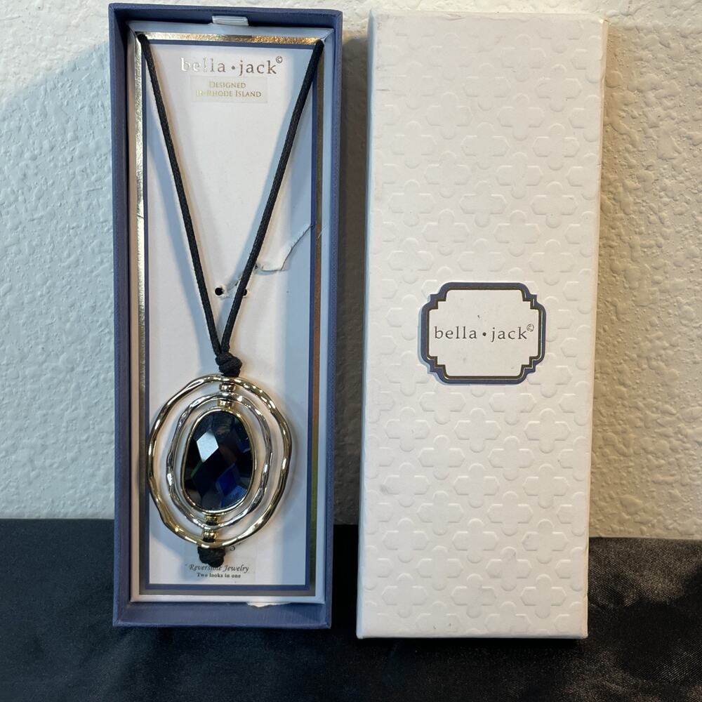 Bella Jack Reversible Spinner Pendant Necklace 32"+3" Long Cord Gold Tone Blue